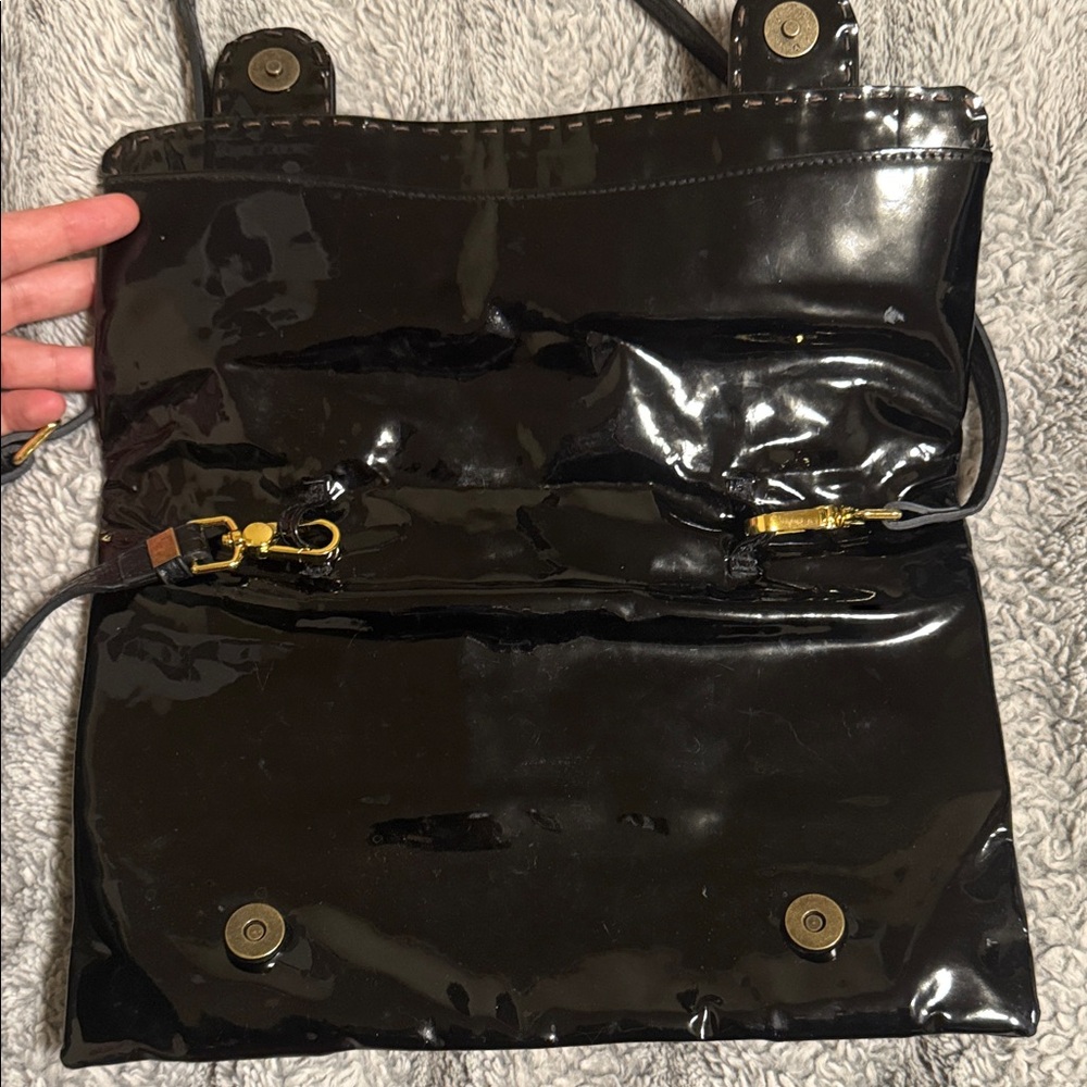 Glossy Black Crossbody Bag with Buckle Accents - Picture 2 of 5